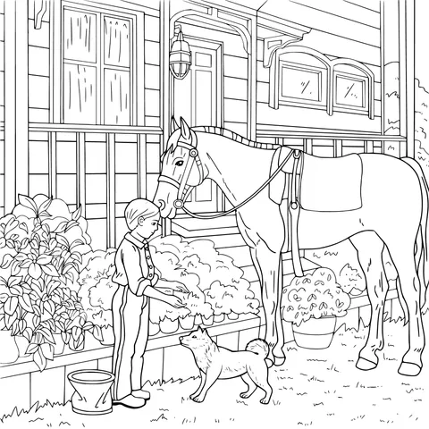 Girl interacting with a horse and a dog in front of a house