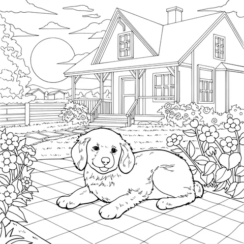 A Puppy in Front of a House at Sunset