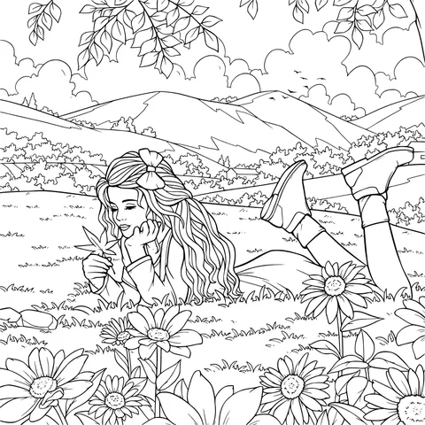 Girl enjoying chrysanthemums on the grass