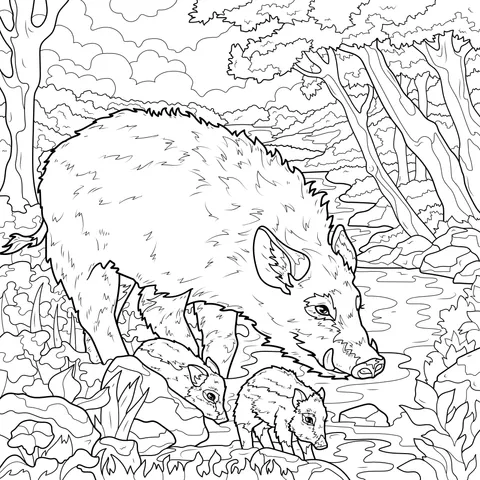 A Wild Boar Family by the Stream