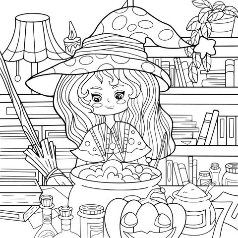 魔法女巫在书房熬煮魔法药水