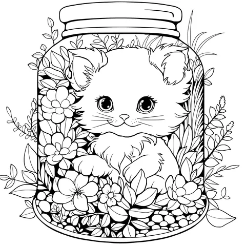 Cute Kitten with Flowers and Plants in a Jar