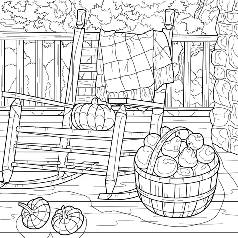 Rocking Chair and Harvest Fruits on the Autumn Porch