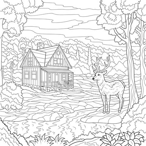 森林中的小屋与鹿