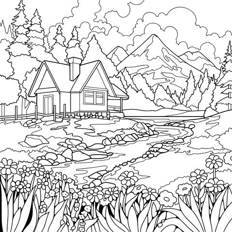 山间小屋与溪流美景