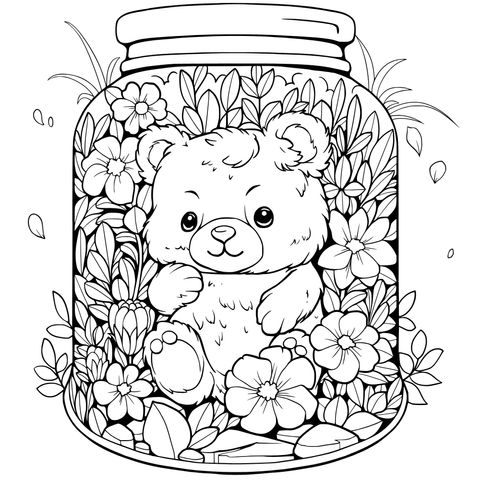 Página de colorear de un oso adorable en una jarra con flores