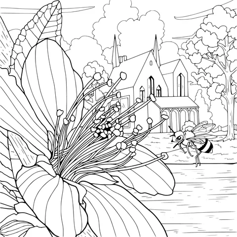 Flower, Bee by the River and Distant House
