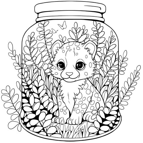 Adorable Baby Leopard in a Jar Coloring Page