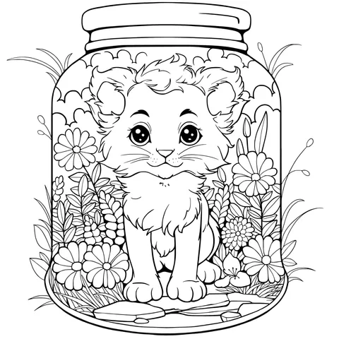 Cute Cat and Flowers in a Jar