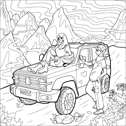 Romantic Moment on an Off - road Vehicle in the Mountains