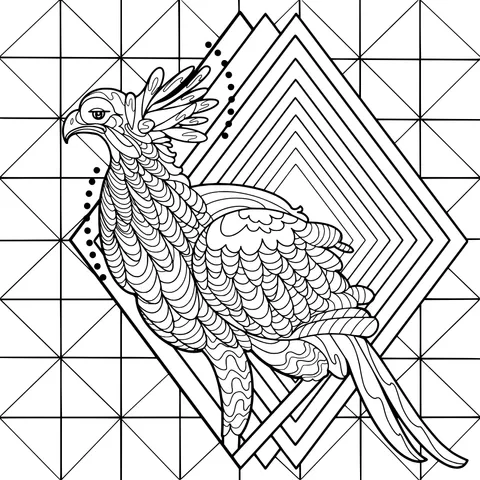 Color - Plumed Bird on Geometric Pattern Background