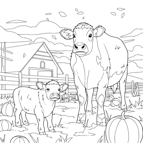 Cow and Calf on the Farm in Autumn