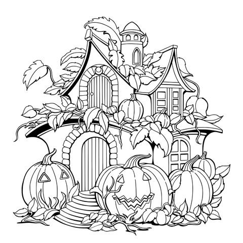 Halloween - themed Coloring Page: Magical Pumpkin House