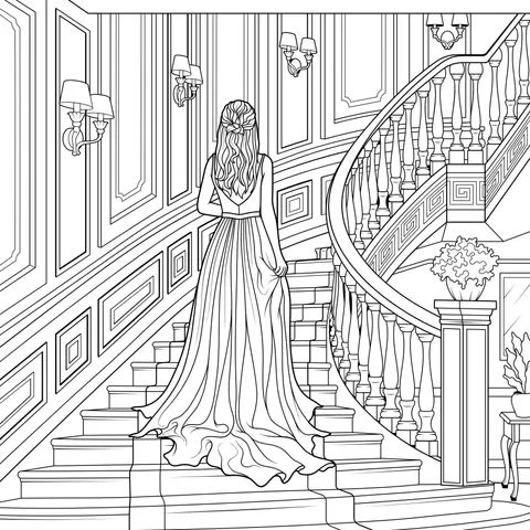 Woman in a blue dress ascending the stairs