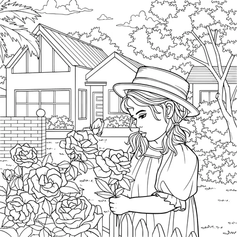 A girl admiring roses in the garden