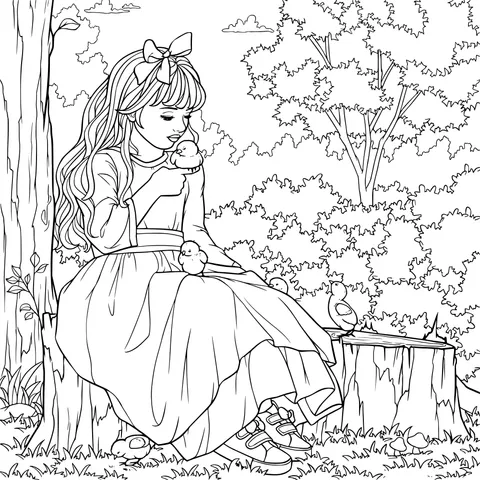 A Girl's Sweet Time with Ducklings by a Tree - stump in the Forest