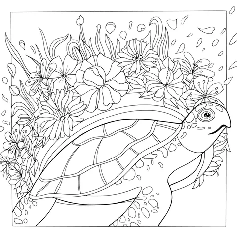 Turtle Surrounded by Flowers