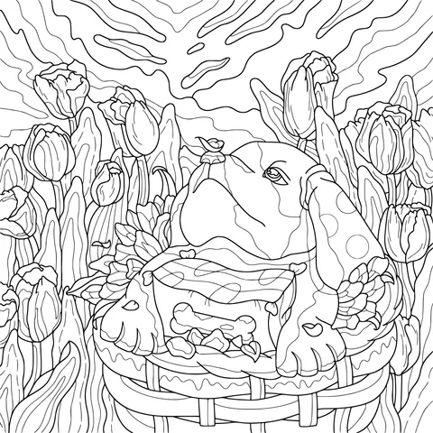A resting puppy in a basket amidst flowers