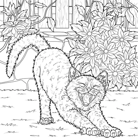 A yawning cat beside the flowers