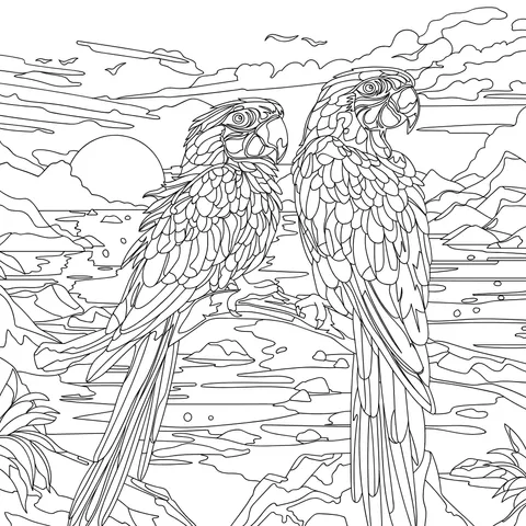 Two Macaws under the Sunset