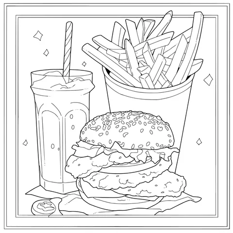 Hamburger, French Fries and Beverage