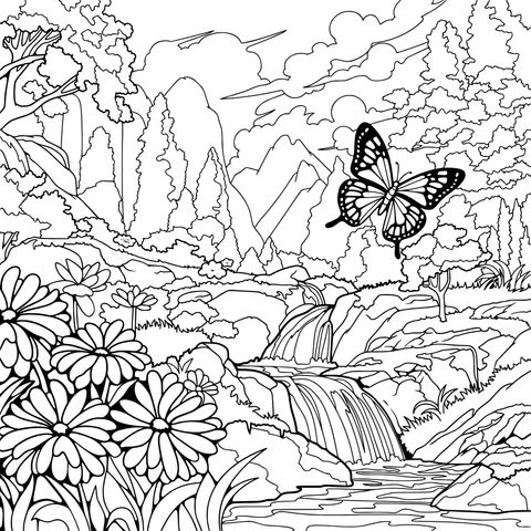 山间蝶舞繁花图