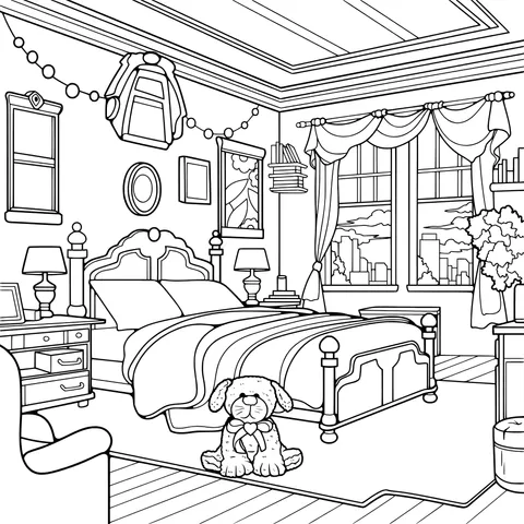 Cozy Bedroom with a Cute Puppy