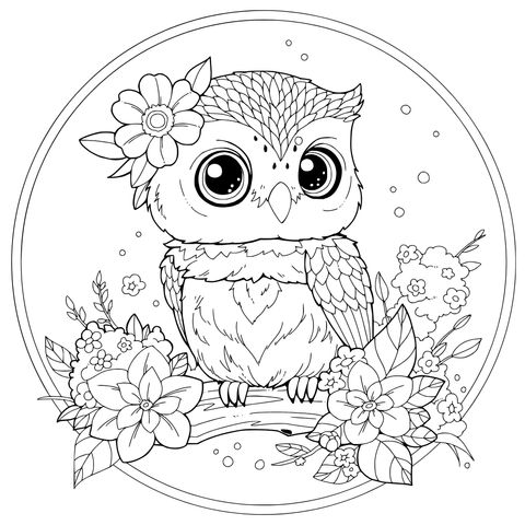 花丛中的可爱猫头鹰