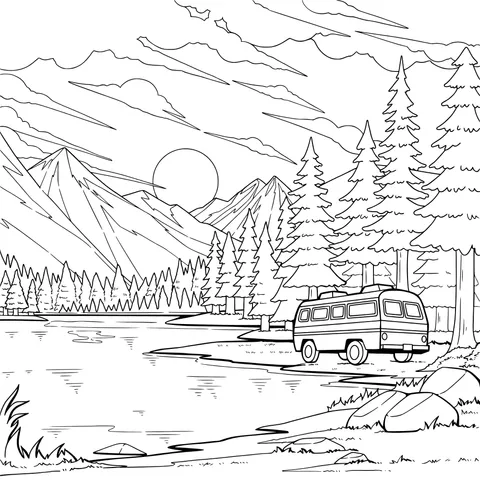 Sunset Camper Van by the Lakeside in the Mountains