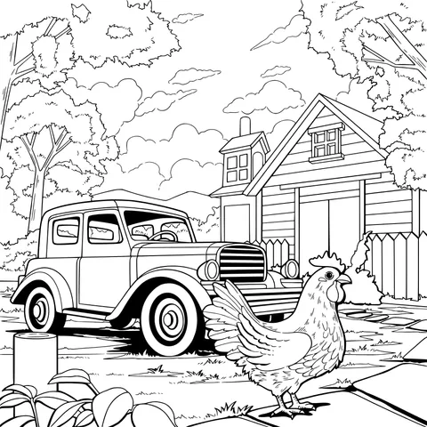 Car and Chicken beside a Country Cottage