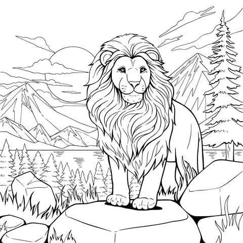 Lion under the Setting Sun in the Mountains