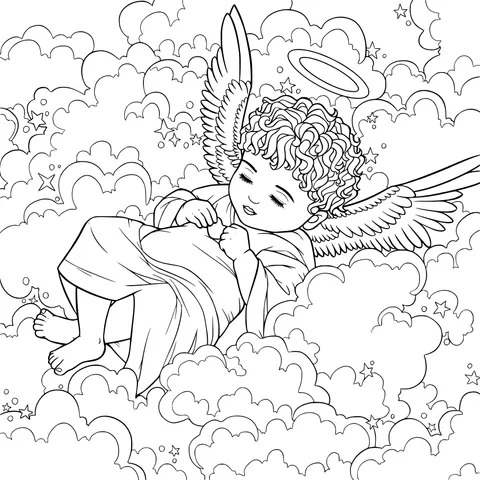 Little angel sleeping peacefully among clouds