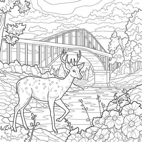 Deer by the River and Bridge Scene