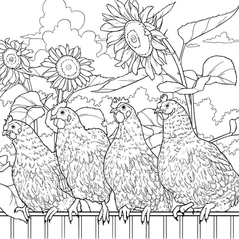 Chickens and sunflowers on the fence