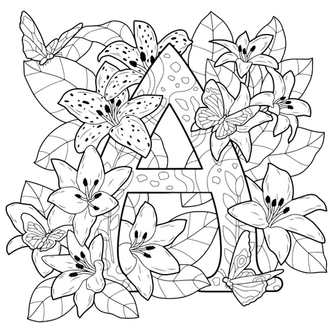 Letter A Surrounded by Flowers and Butterflies
