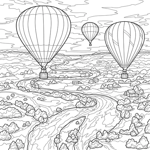 Hot - air Balloons Flying over Green Fields and Rivers