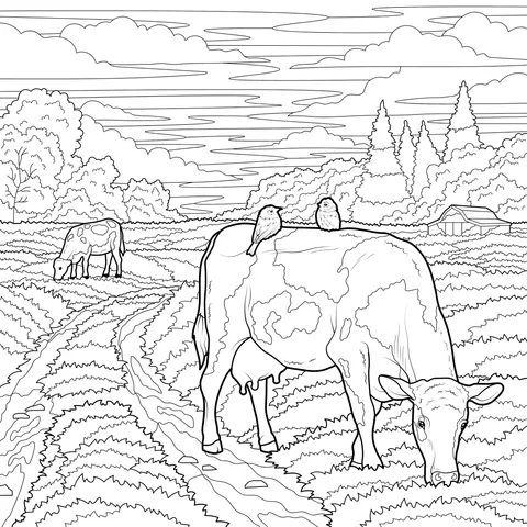 Pastoral Idyll: A Harmonious Scene of Cows and Birds