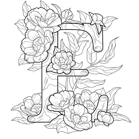 花卉装饰字母F填色页