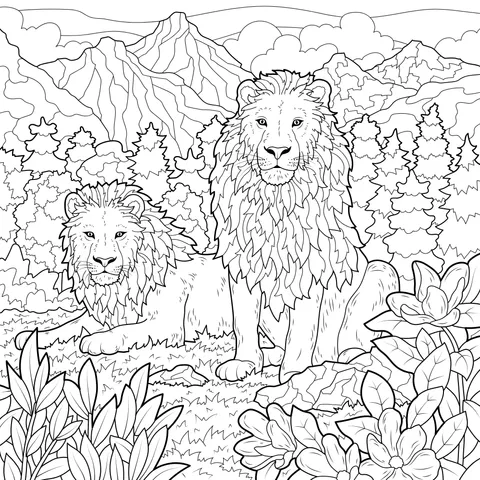 Two Lions in the Mountain Forest