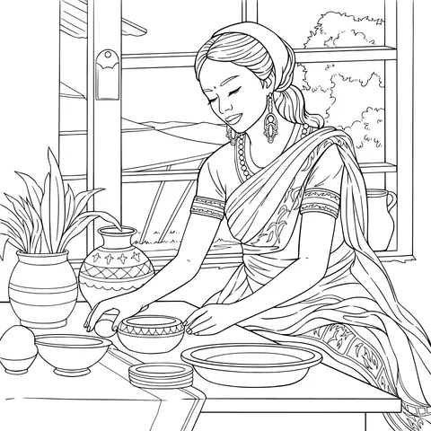 Woman in traditional attire preparing food