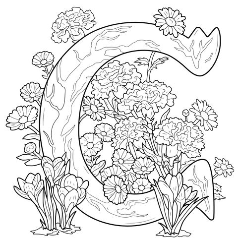 Flower - decorated Letter C Coloring Page