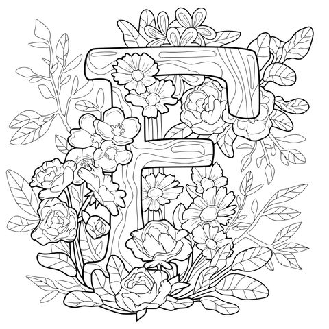 Floral - decorated Letter F Coloring Page