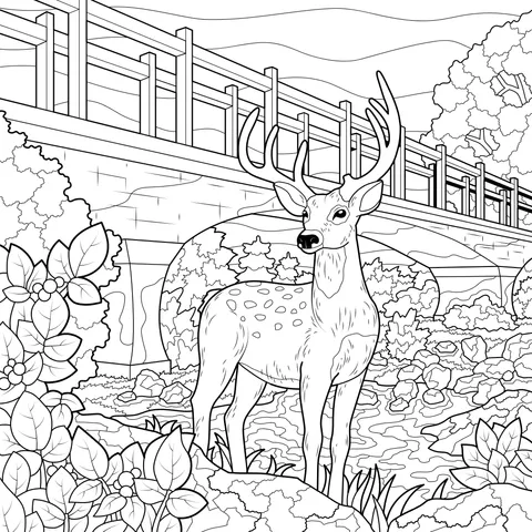 Deer by the Stream and Bridge