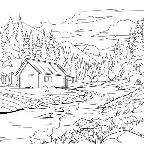 Cabin by the Lake at Sunset in the Mountains and Forests