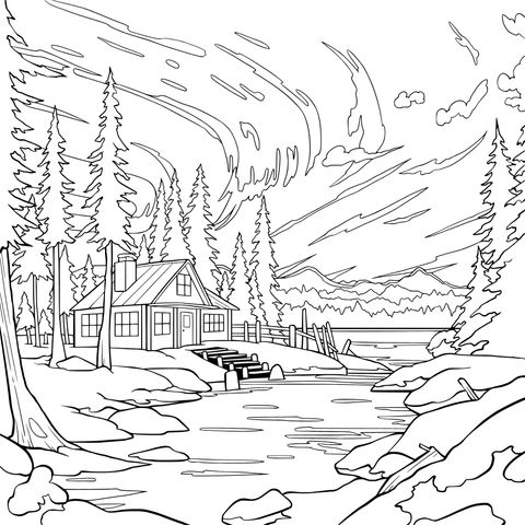 极光下的湖畔小屋
