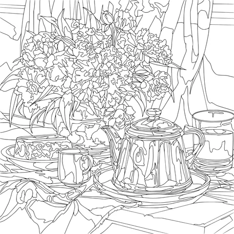 Flowers and Tea Set Still - life