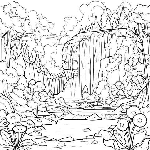 Autumn Waterfall and Mountain Forest