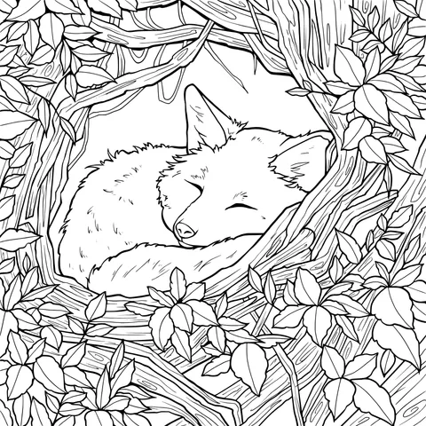 A sleeping fox in a tree - hole