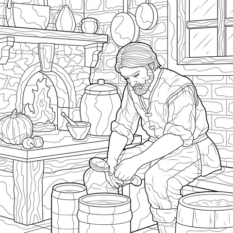 Medieval man working in the kitchen