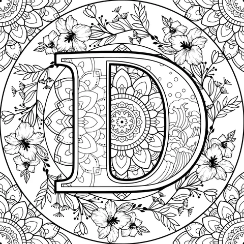 D - letter mandala pattern surrounded by flowers